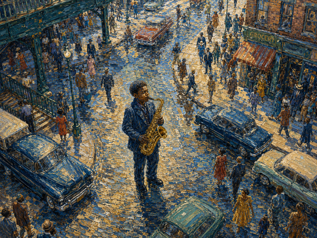 boy playing blues in an old town