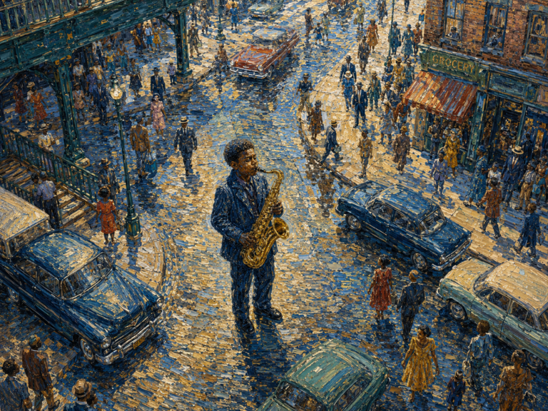 boy playing blues in an old town